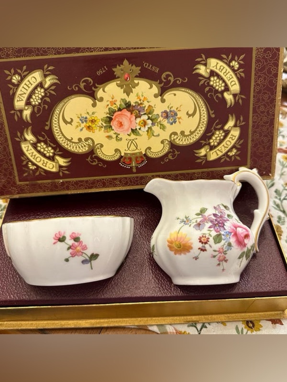 Floral Porcelain Creamer and Sugar Bowl - White with Multicolor Floral